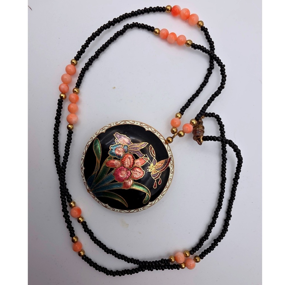 Unbranded Cloisonne Enamel Necklace OS Black Coral Fair Vintage Floral Butterfly